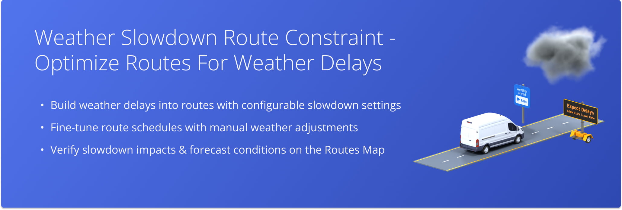When planning routes, Route4Me accounts for adverse weather, prompting you to adjust travel and service times to reflect expected delays.