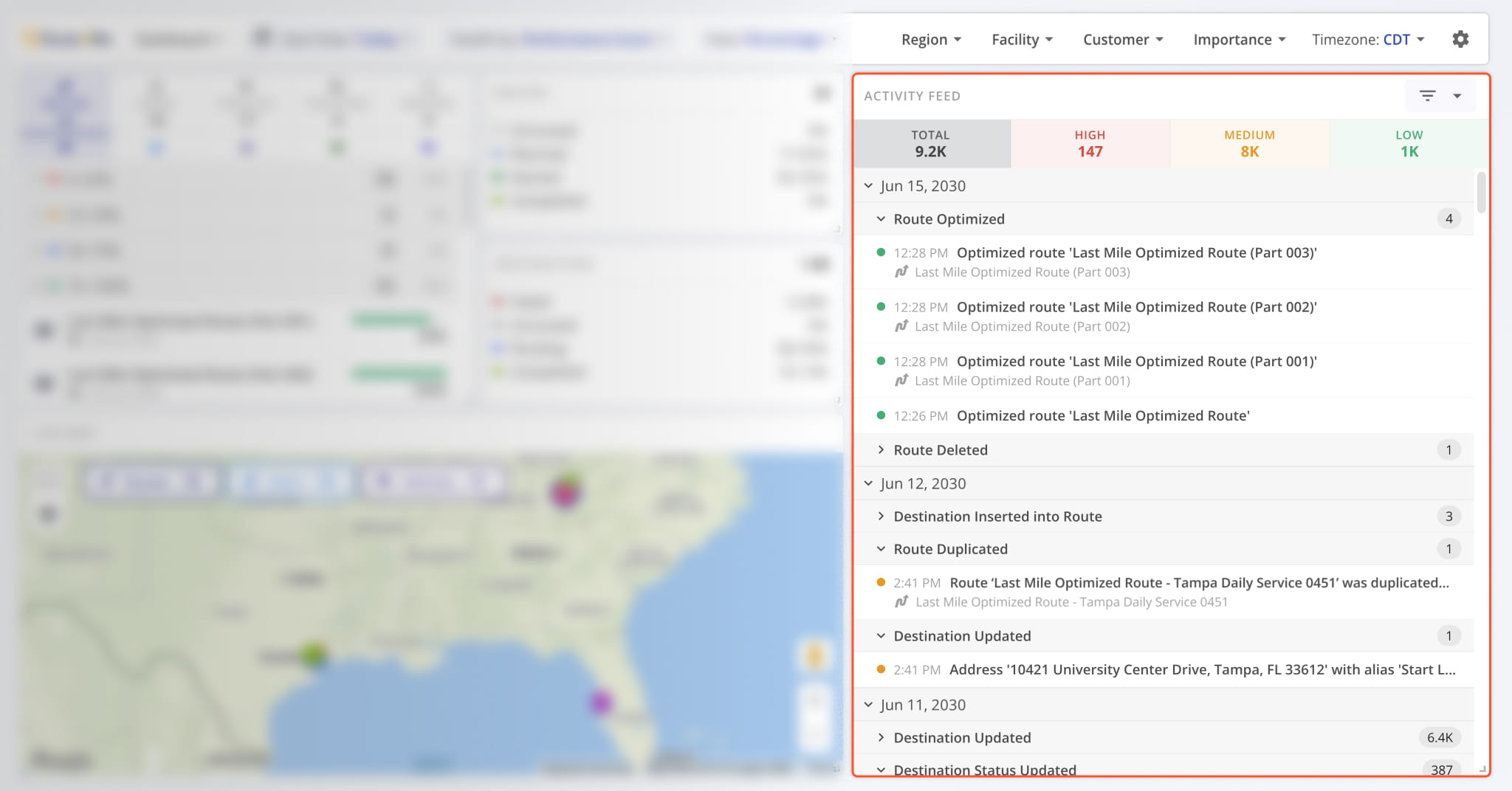 The Activity Feed section of the Operations Dashboard shows activity updates divided into three priority tiers.