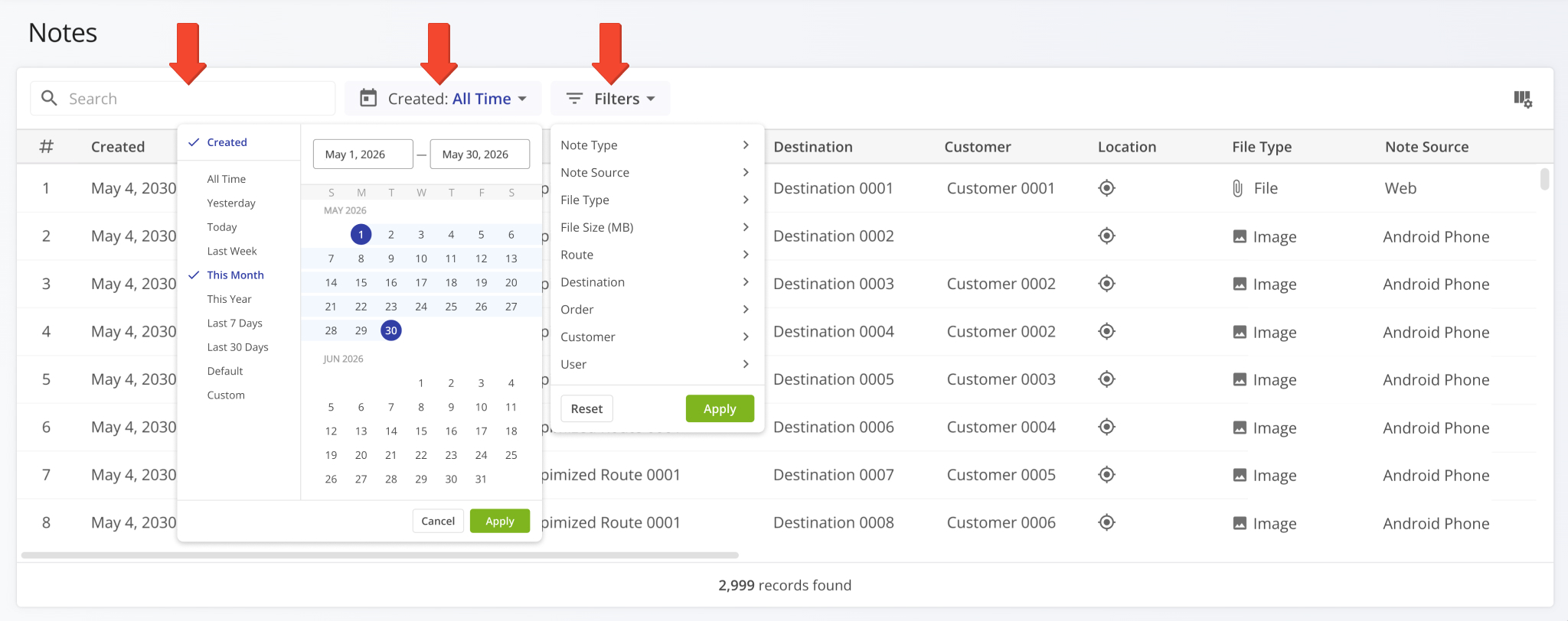 The Notes Page supports the same search and filter functions available in other Route4Me account database pages.