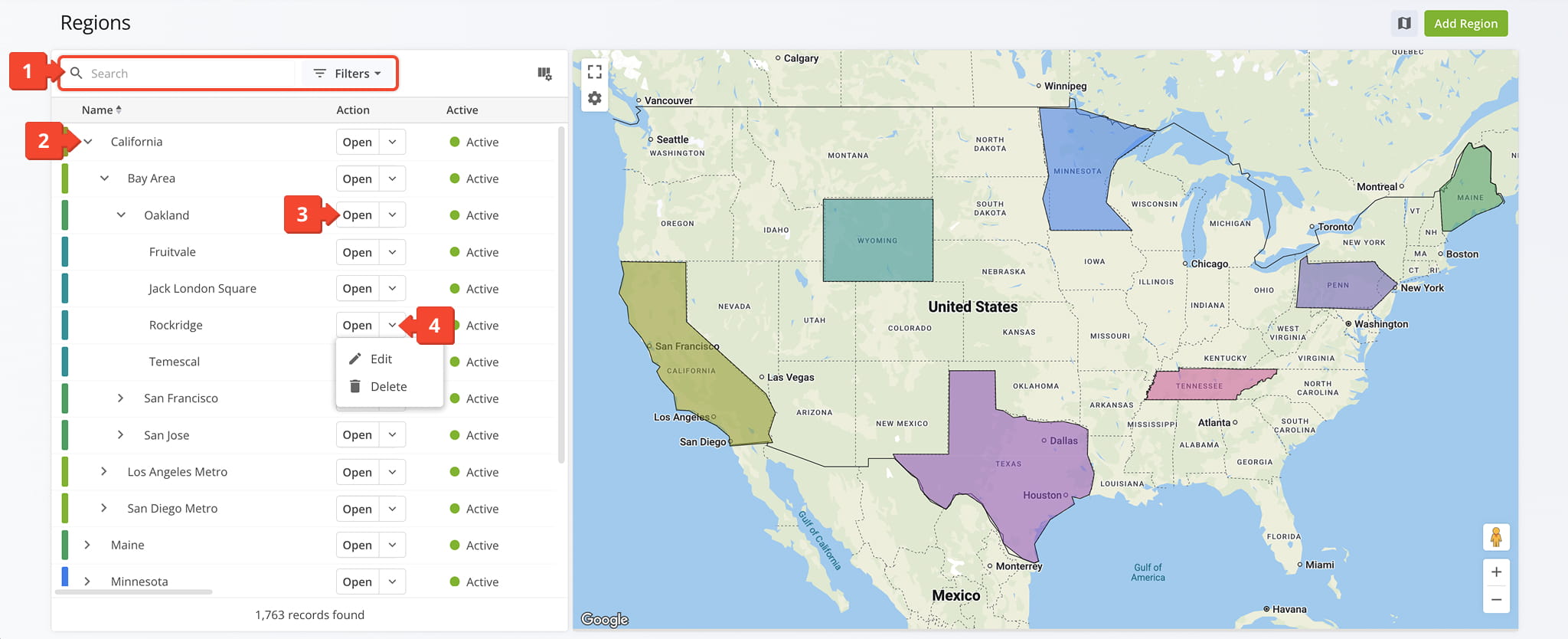 Search, filter, and manage Regions across your regional hierarchy.