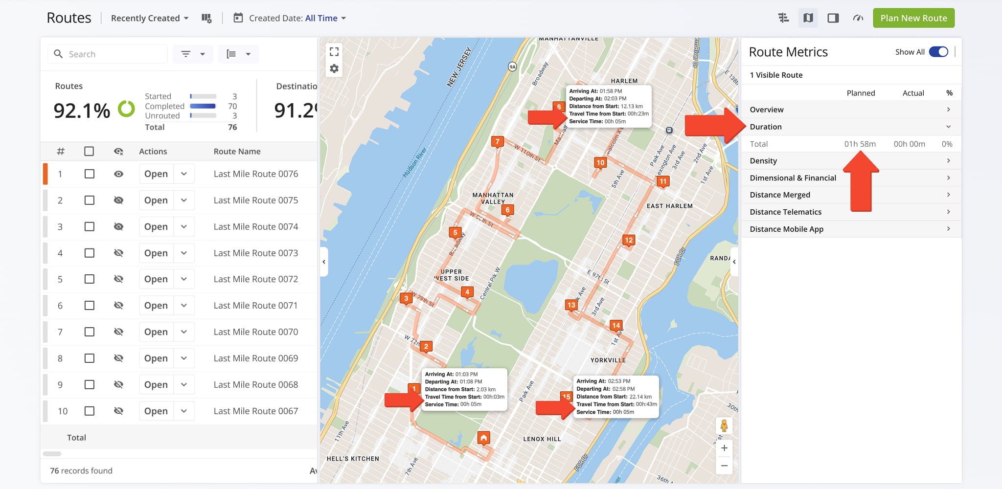 Without a slowdown setting, route timing and destination details display their original, unadjusted travel and service durations.