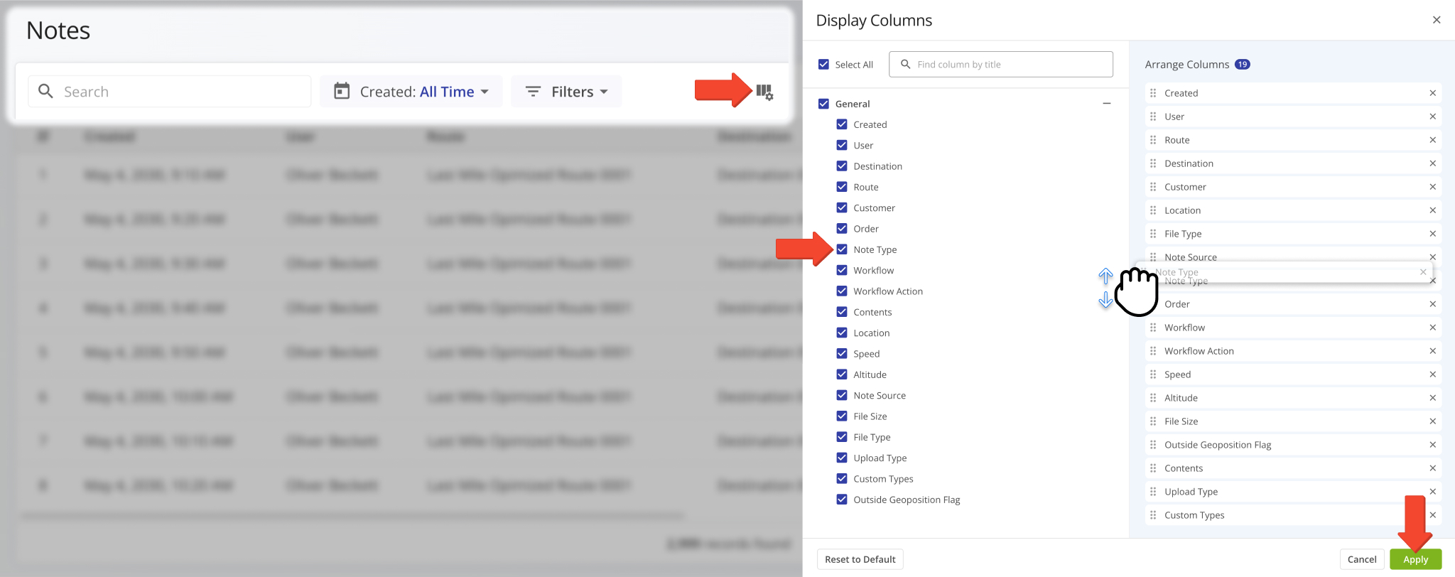 Customize the data columns displayed on your Notes Page.