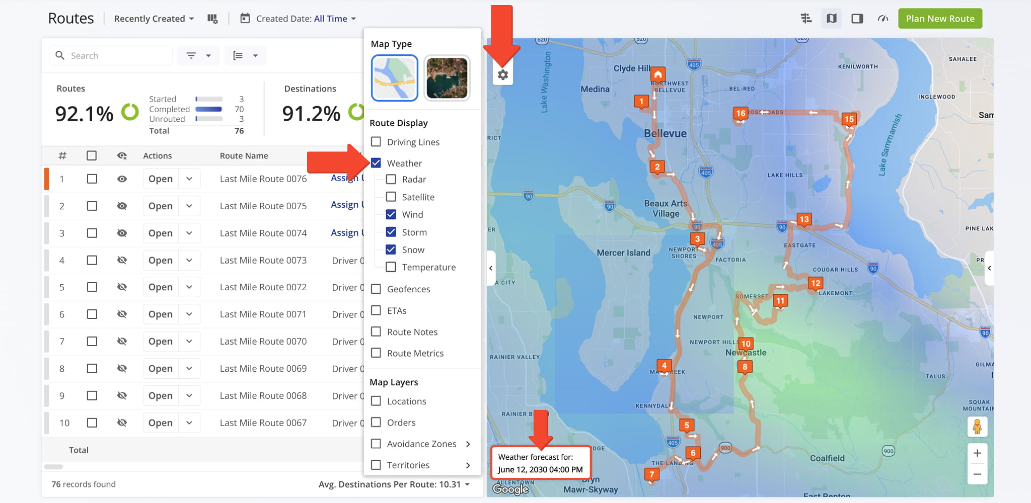 Review forecast conditions to confirm route settings are appropriate.