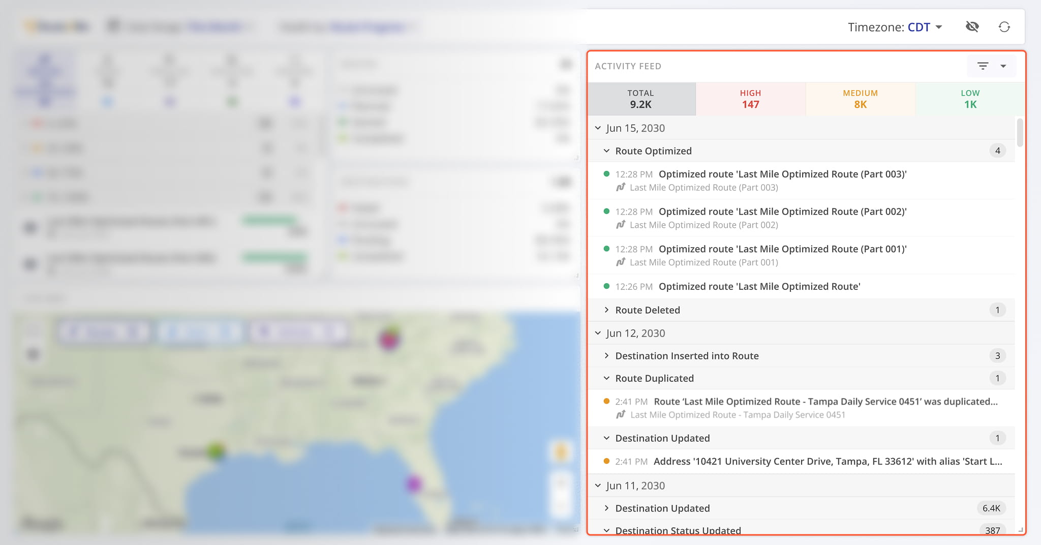 The Activity Feed section of the Operations Dashboard shows activity updates divided into three priority tiers.