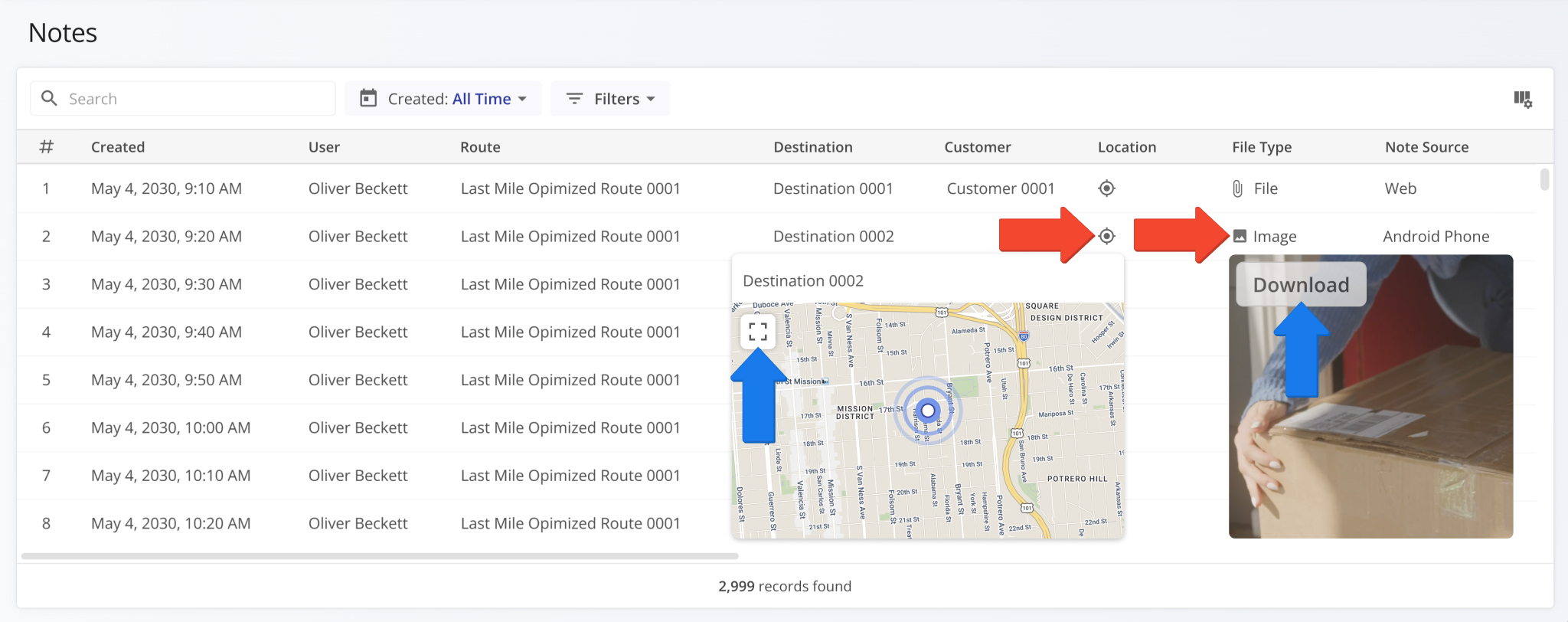 Preview Note locations and attachments.