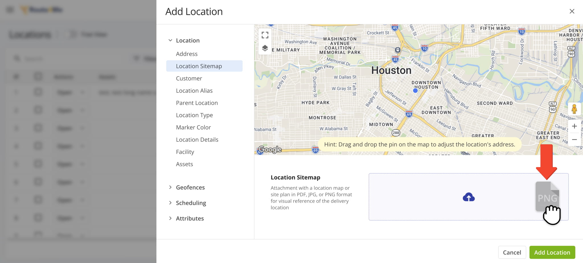 Uploading Location Sitemaps when adding and editing Customer Locations.