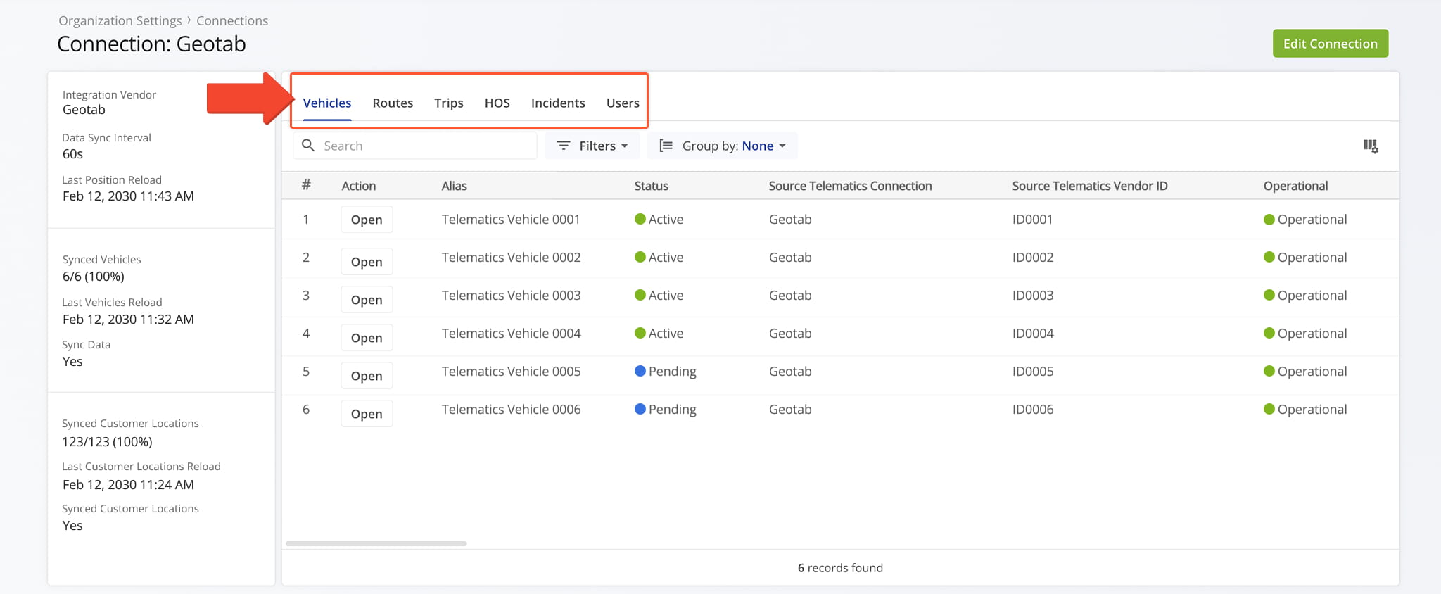 The Telematics Snapshot has different tabs corresponding to the type of associated data. By default, the Vehicles tab is open when you access a Telematics Snapshot.