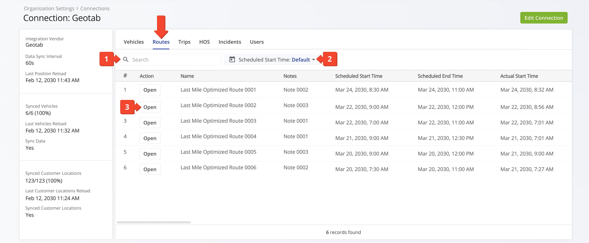 The Routes tab provides an overview of all routes associated with the selected Telematics Connection, displayed in a structured data table.