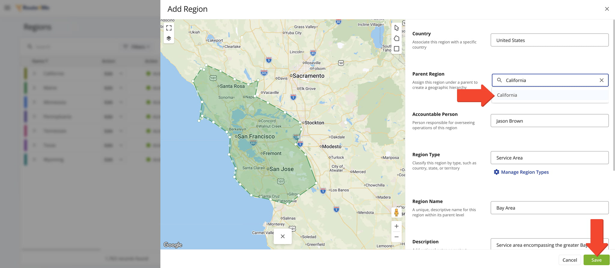 Organize service areas by adding Sub-Regions to existing Regions.