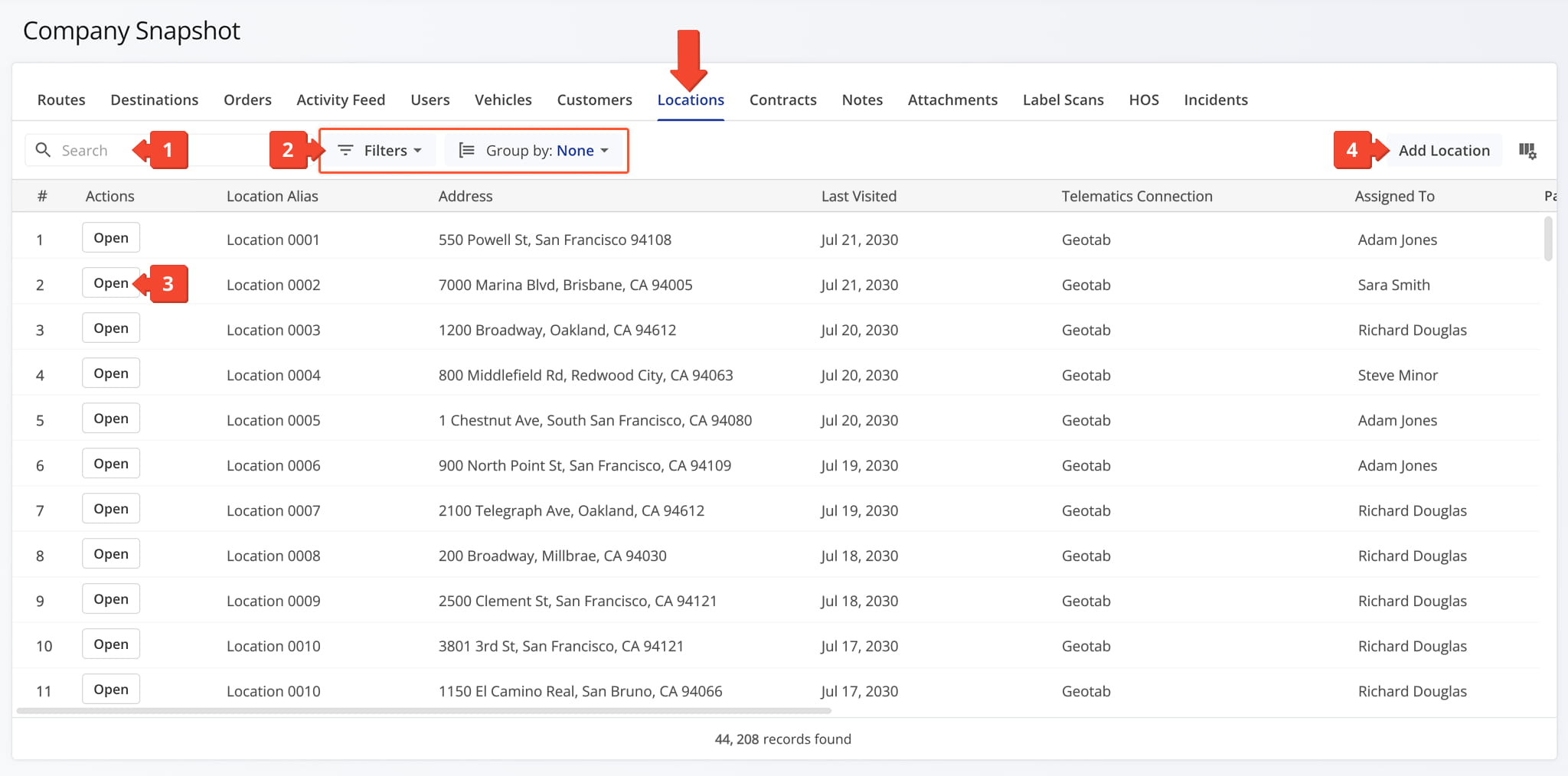 The Locations Tab gives you visibility into address and service history details for every location your company delivers to or services.