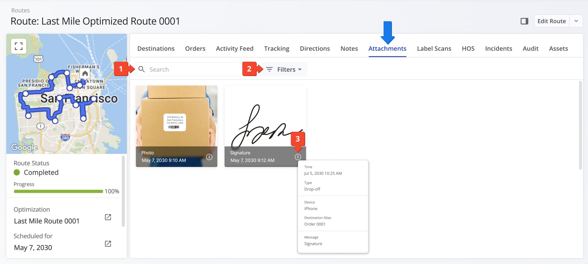 From the Attachments tab, view all images, signatures, videos, and voice memos attached to destinations on the route.