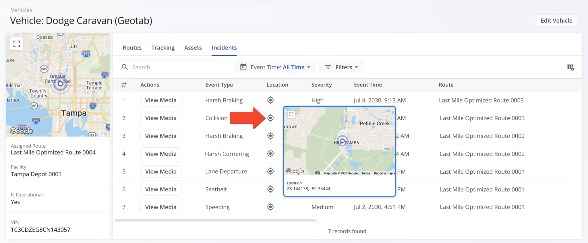 Click the Location Icon in the Location column to view a map showing the vehicle