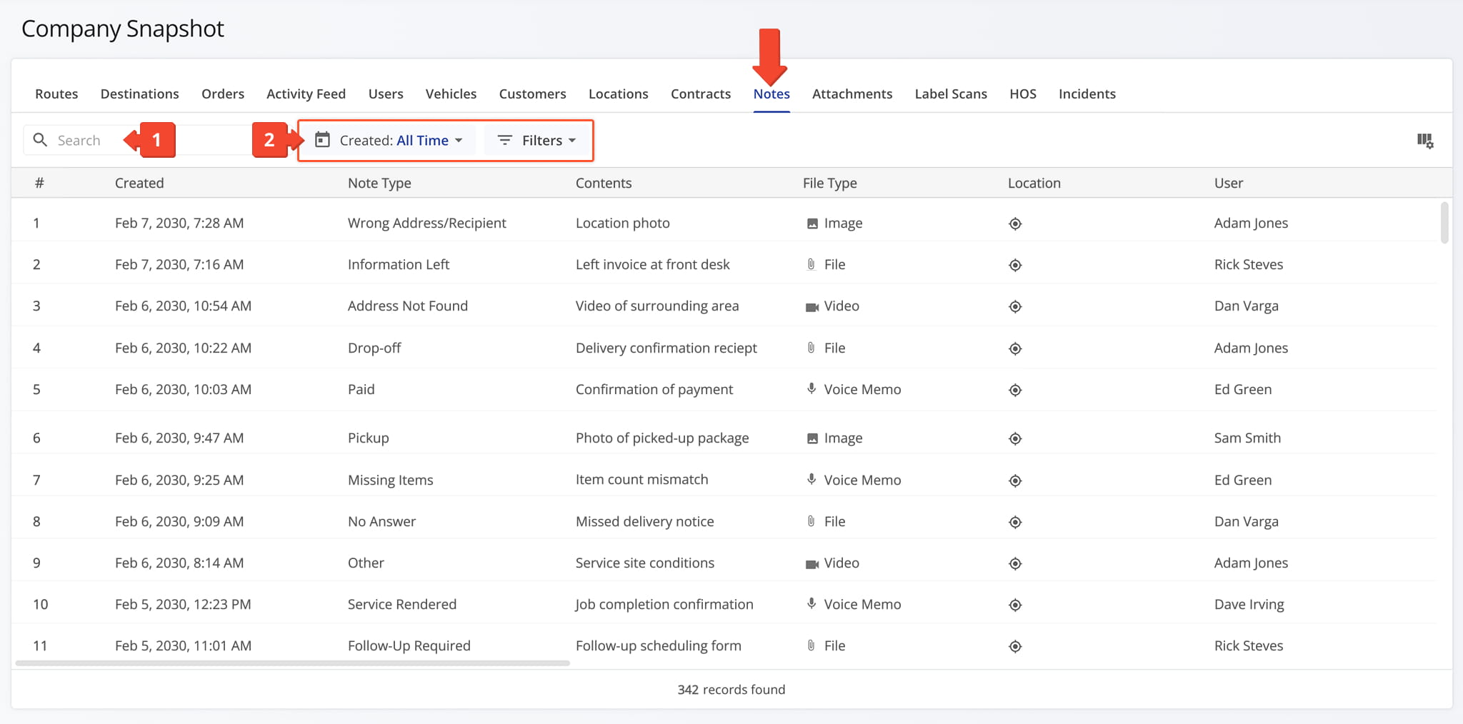The Notes Tab gives you visibility into note content and location details for every note logged across your company.