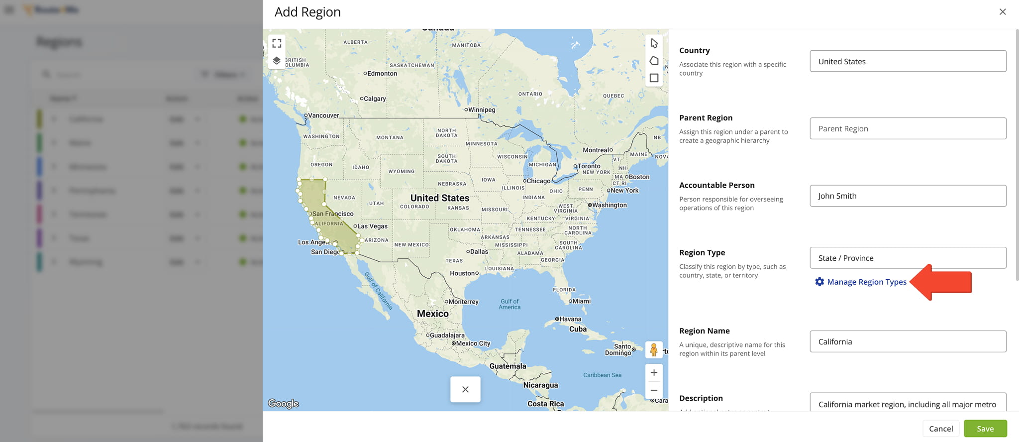 The Add Region Type editor can also be accessed directly from the Add Region editor.