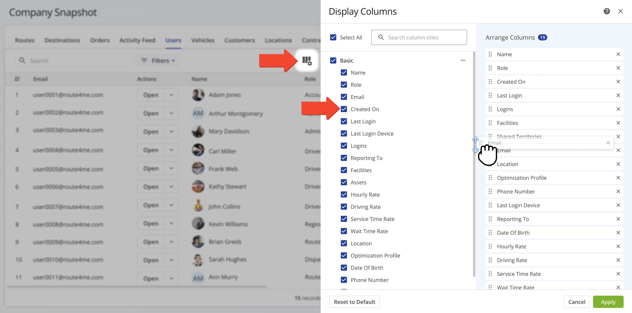 You can customize which data columns appear in the table and in what order.