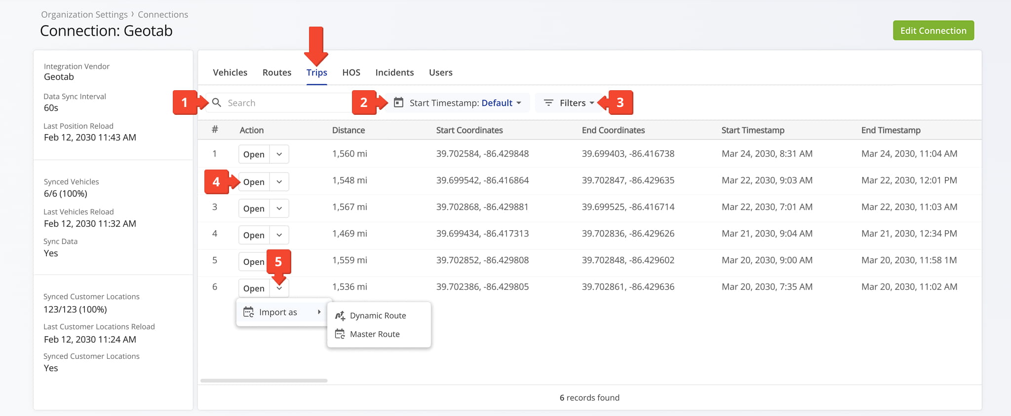 The Trips tab provides an overview of all trips associated with the selected Telematics Connection, displayed in a structured data table.