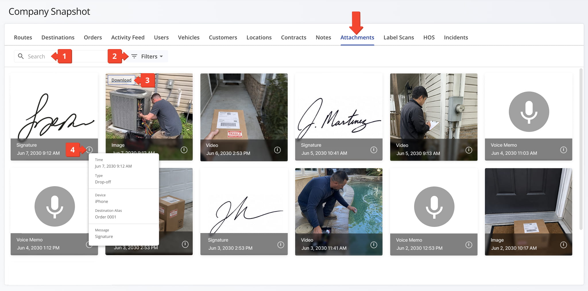 Open your attachments tab to view photos, videos, audio recordings, and signatures uploaded at time of delivery or service call.
