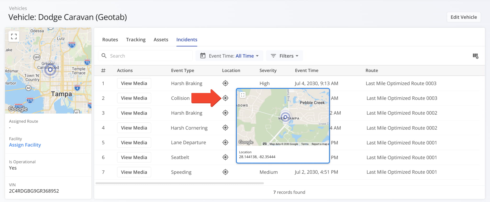 Click the Location Icon in the Location column to view a map showing the vehicle