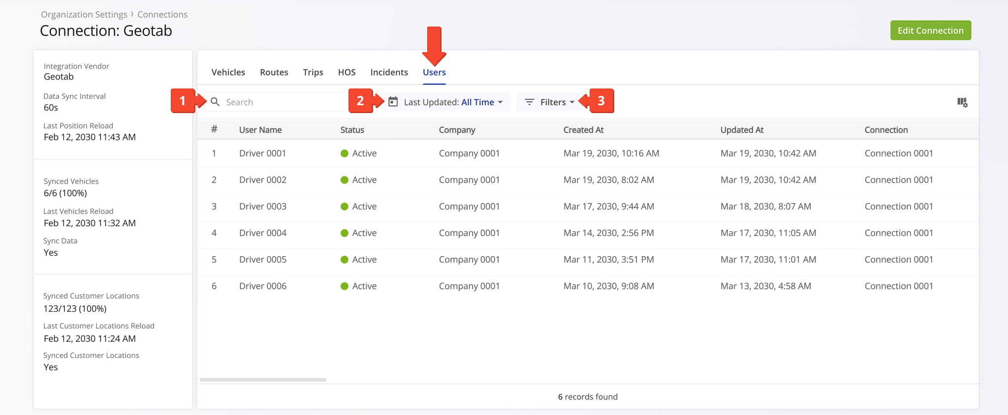 The Users tab provides an overview of all users and drivers associated with the selected Telematics Connection.