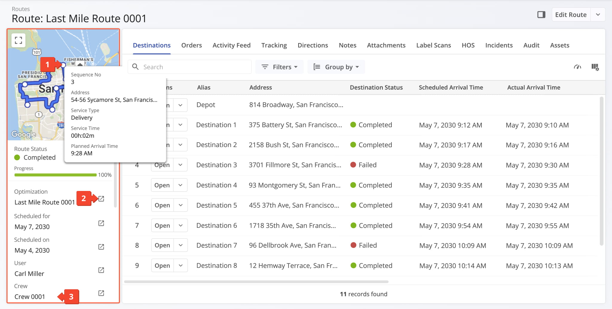 The route summary panel on the Route Snapshot shows a real-time map of the route, its critical information, and more.