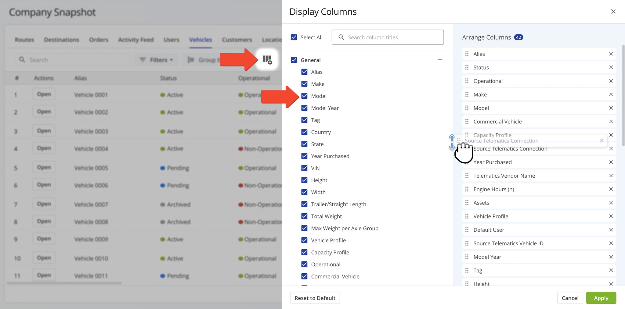 You can customize which data columns appear in the table and in what order.