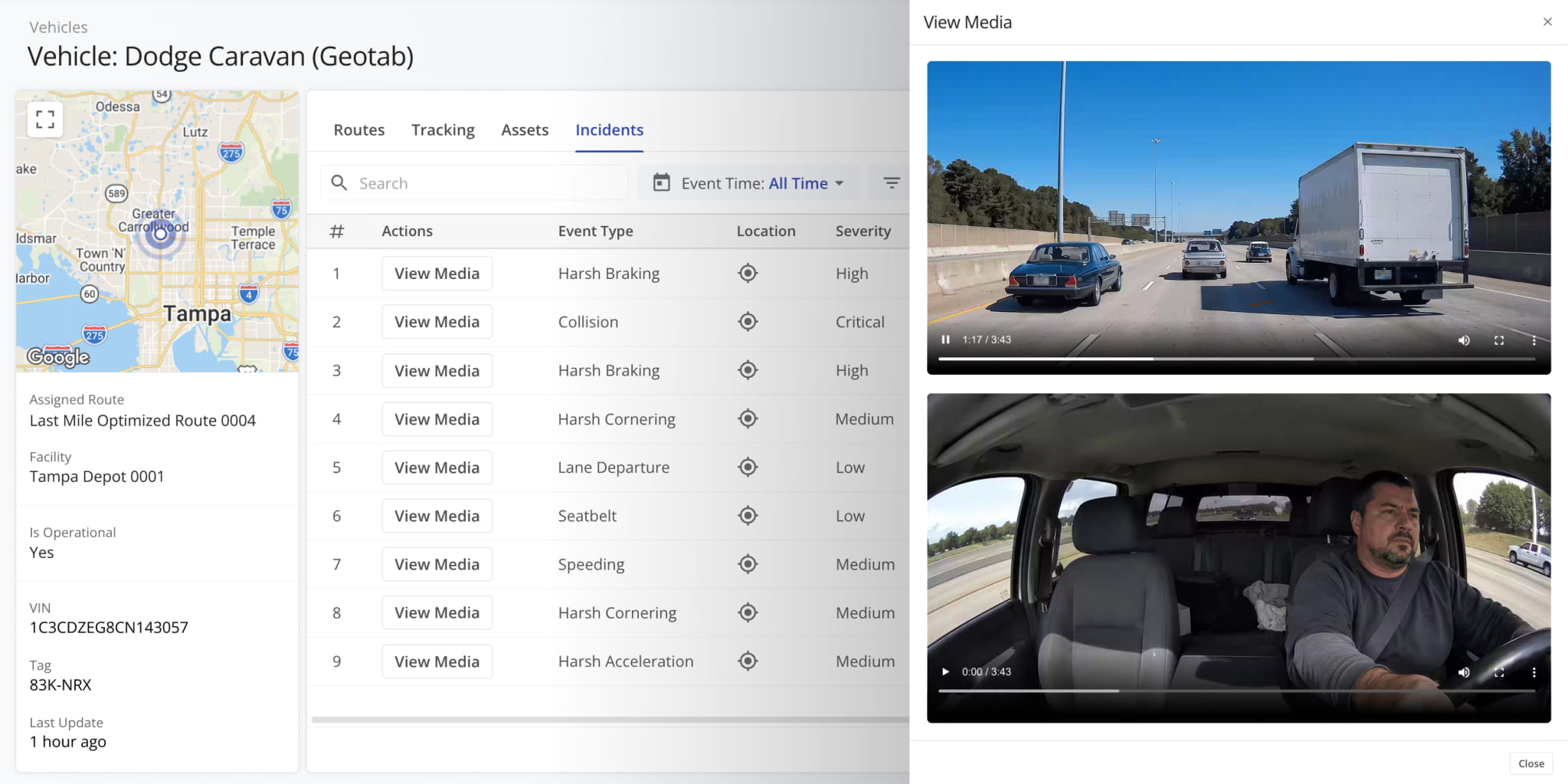 The Incidents tab displays recorded safety incidents with configurable data columns, plus media recordings when available.