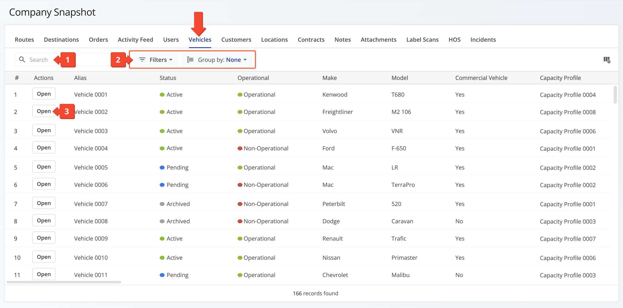 The Vehicles Tab gives you visibility into vehicle details and status for every vehicle in your company