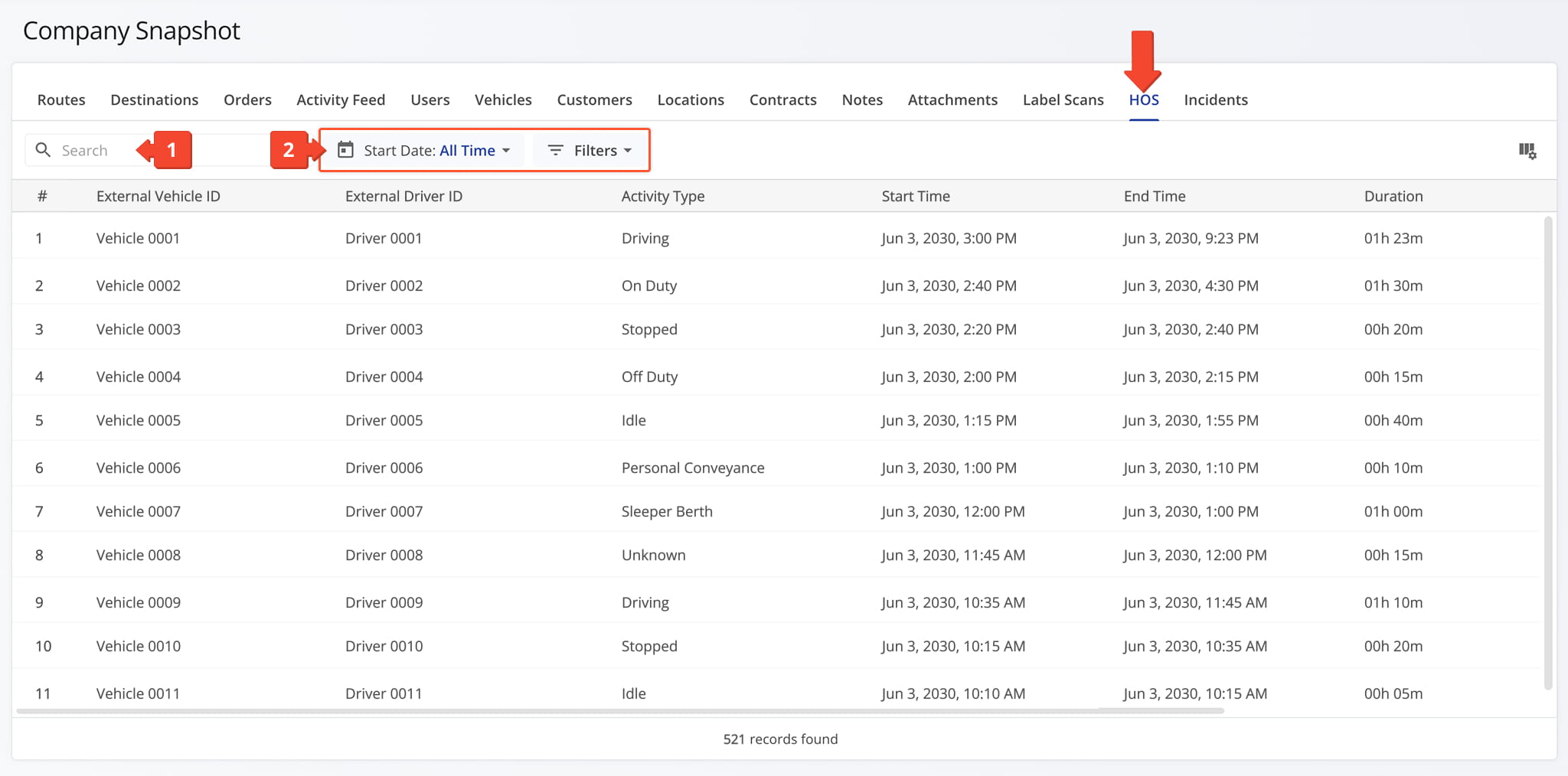 The HOS Tab gives you visibility into Hours of Service data for drivers and vehicles across your company.