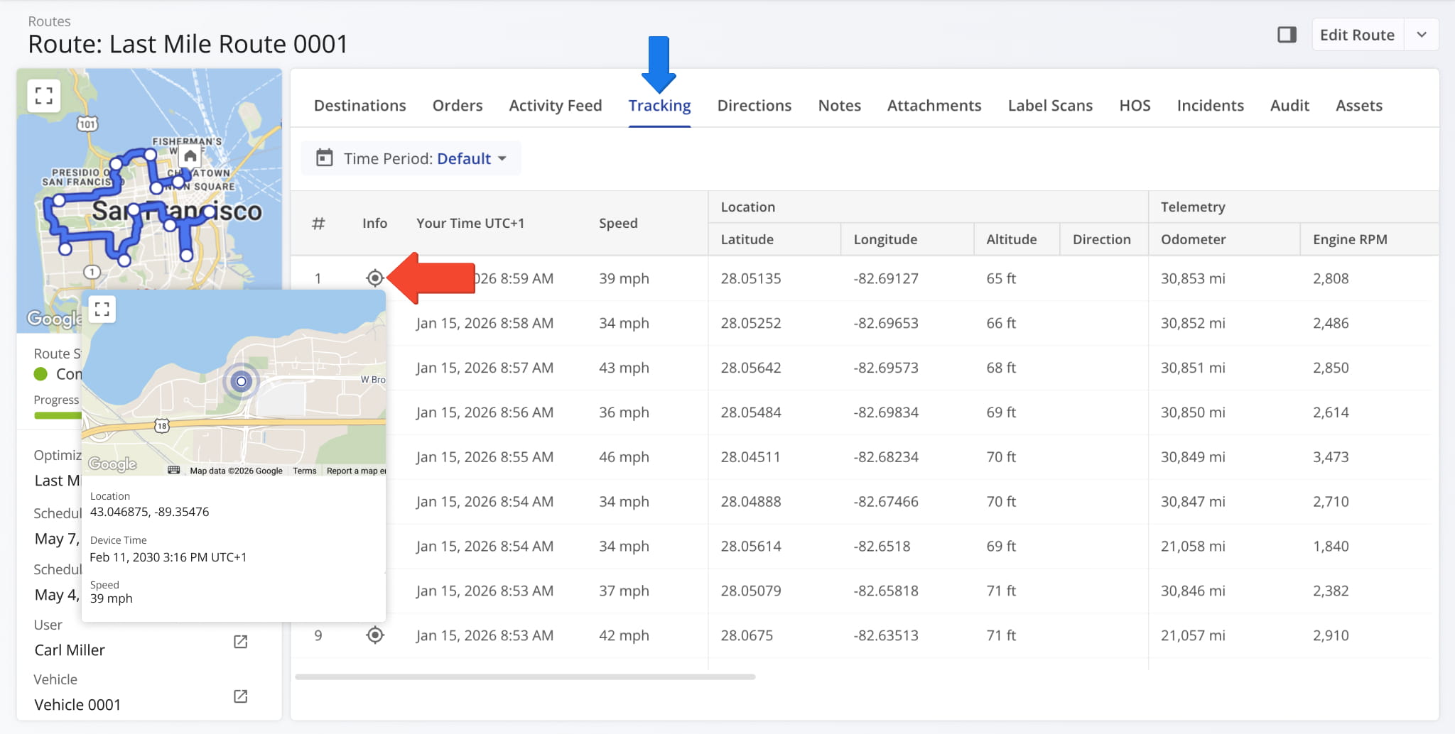 From the Tracking tab, click the Location Icon to vie a map with the destination