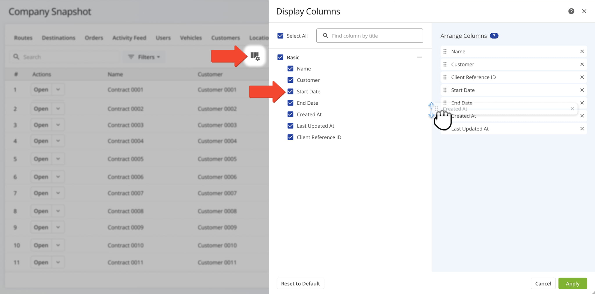 You can customize which data columns appear in the table and in what order.