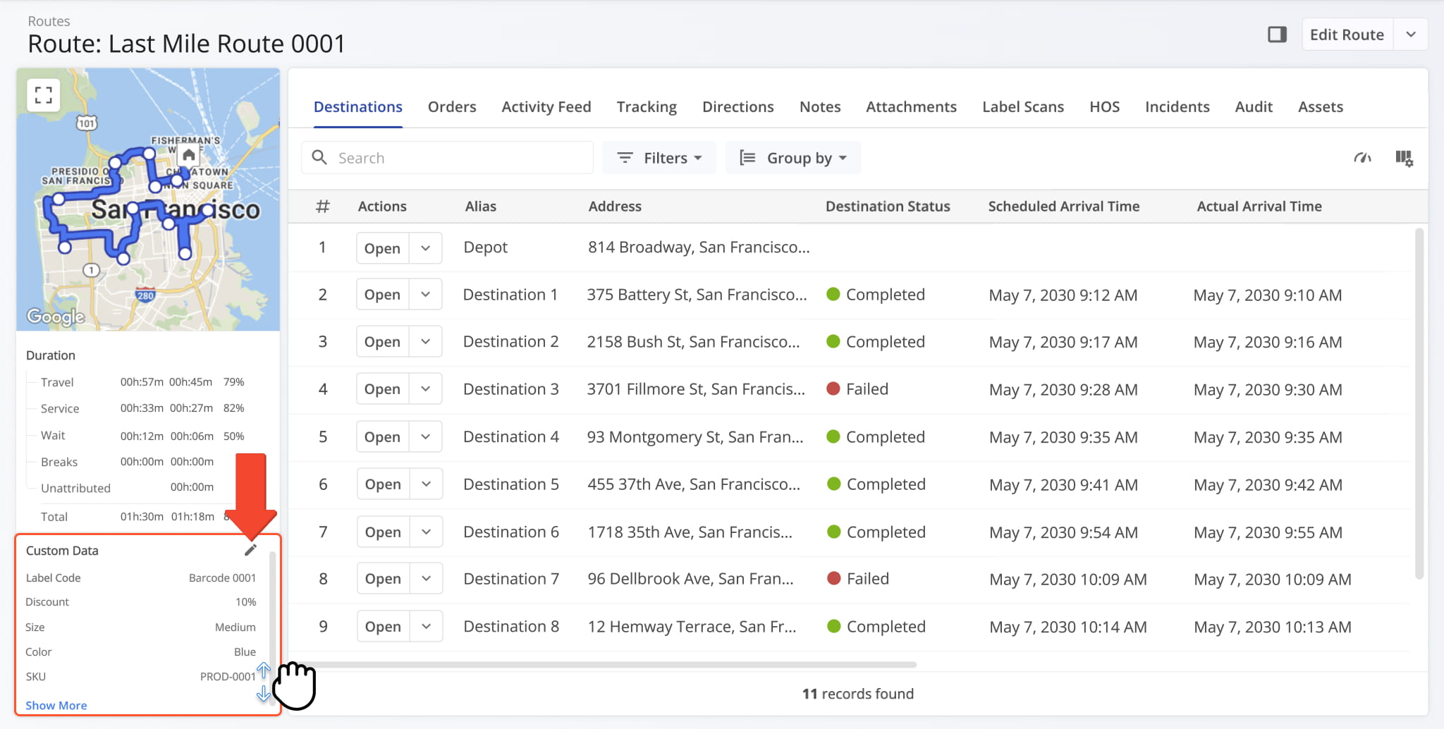 croll down the panel to view and manage all custom data associated with the route.