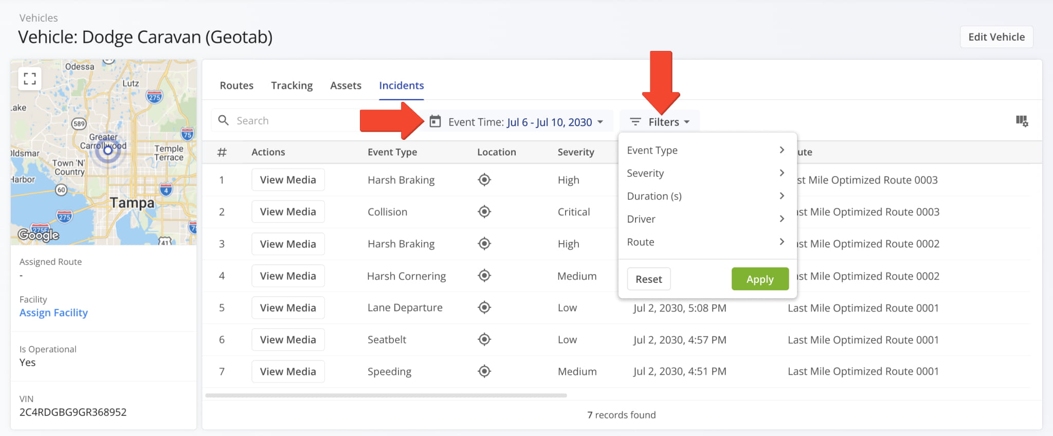 Narrow the Incident data shown in the table by date or filter.