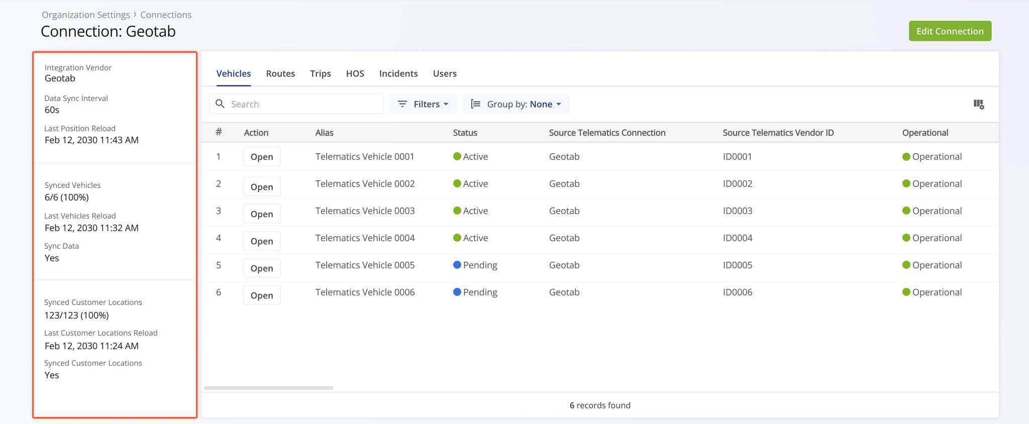 In the Telematics Connection Summary you can see the vendor name, vehicle position refresh rate, the percentage of synced vehicles and customer data, and timestamps for the last data synchronization.