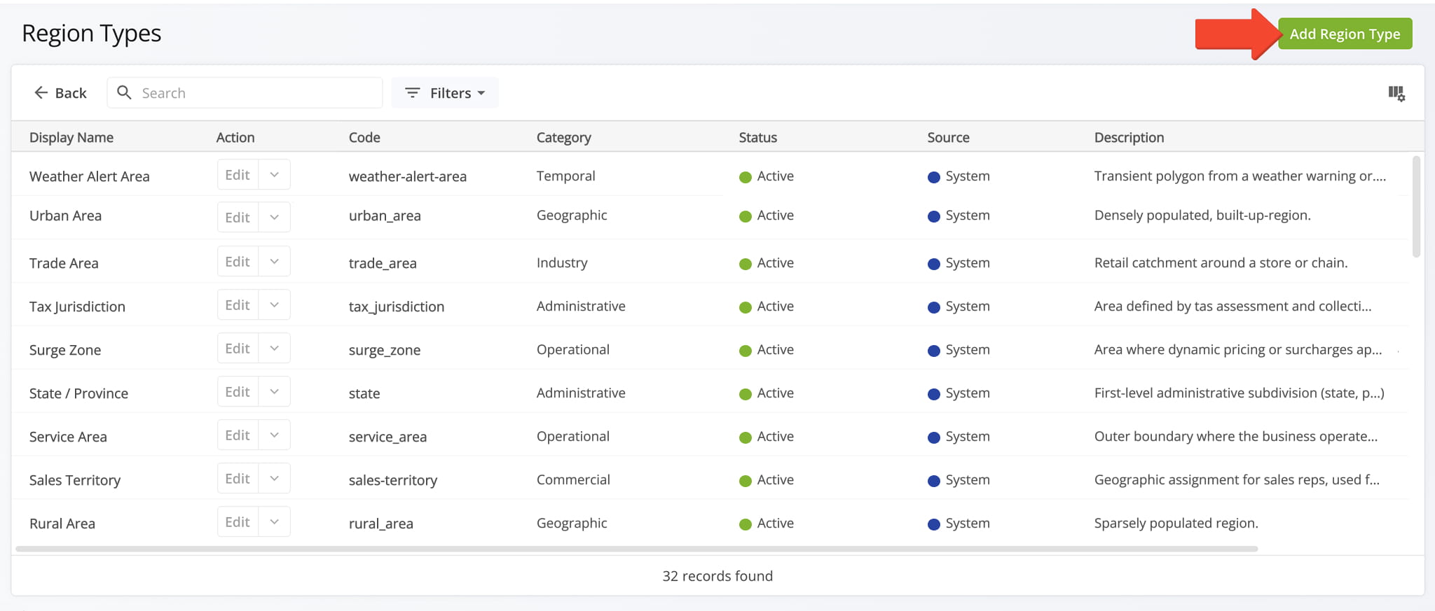 Both access points lead to the Region Types page, where you can open the Add Region Type editor.