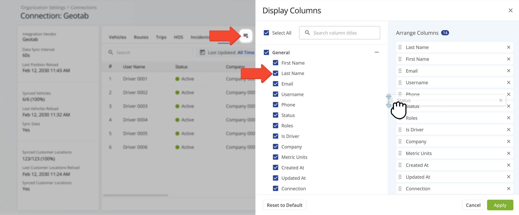Select the User data you wish to review in the data table and drag and drop data fields into place to structure how the order in which they appear.