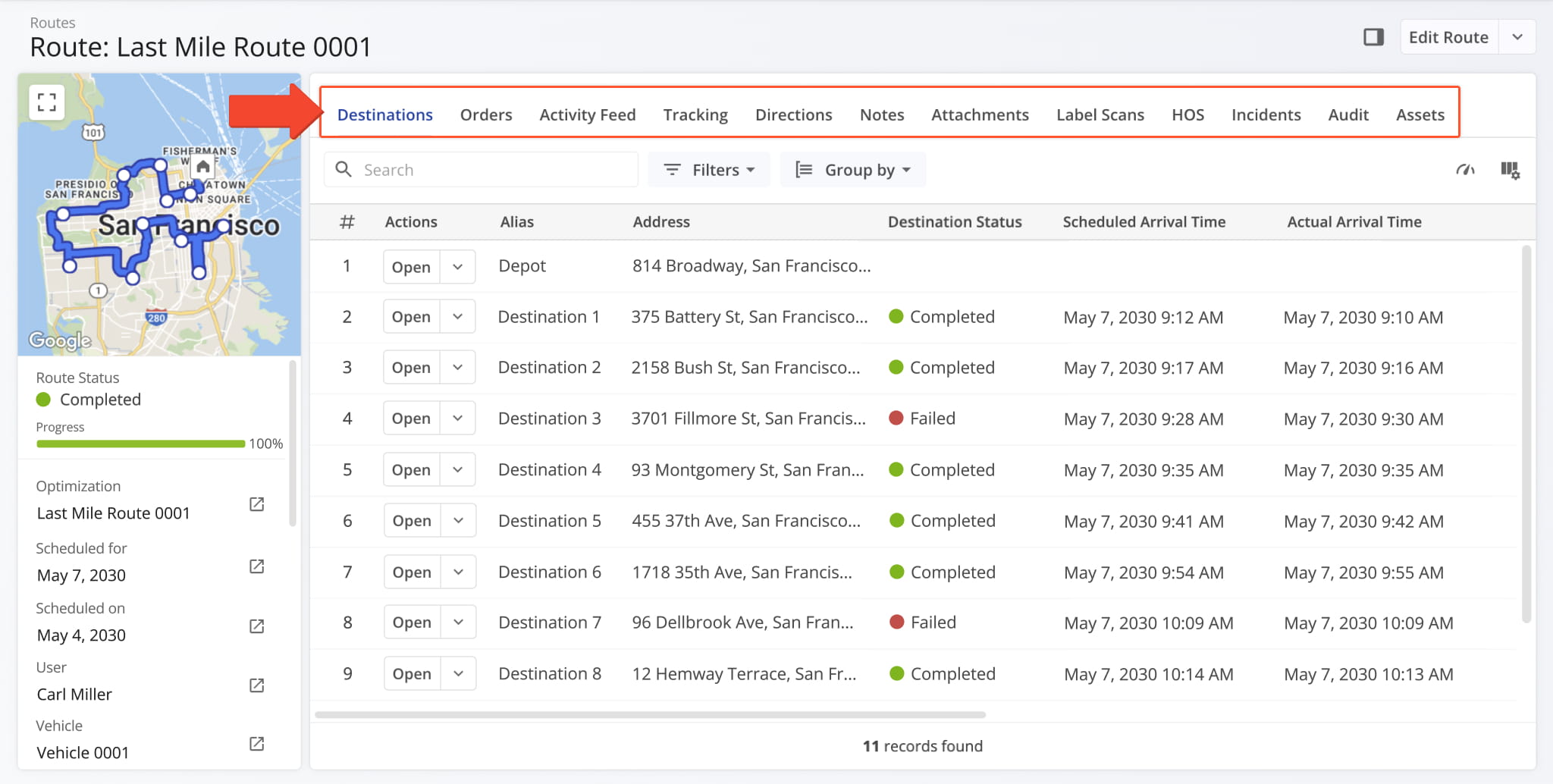 The Route Snapshot has different tabs corresponding to the type of associated data.
