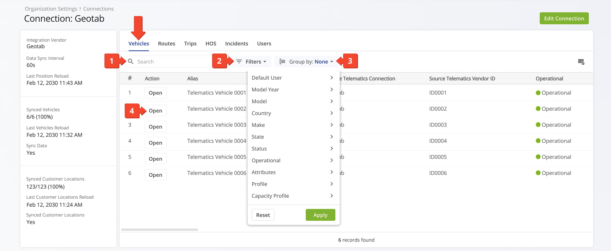 The Vehicles Tab provides an overview of all vehicles associated with your telematics connection.