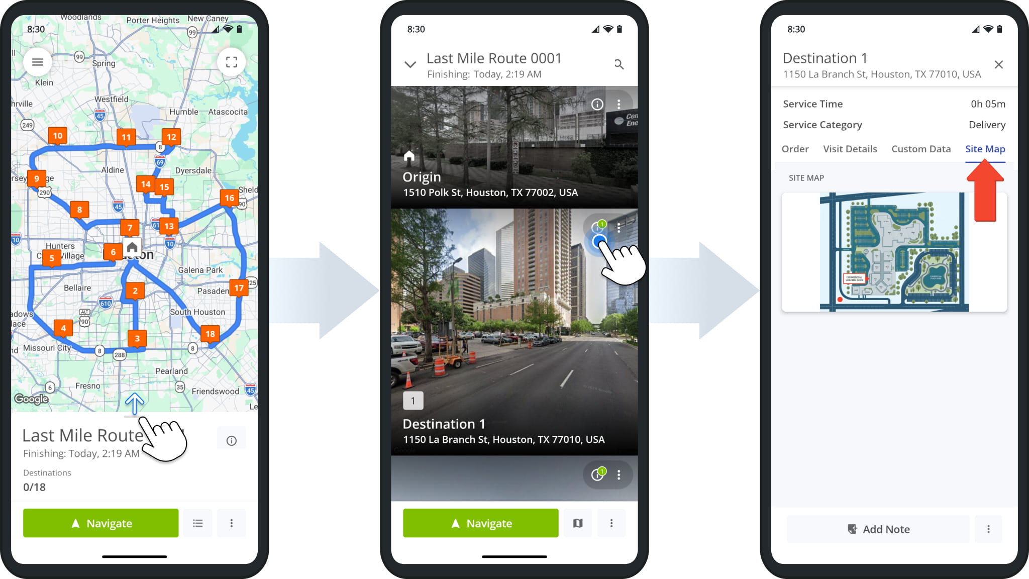 To see site maps on the Mobile Route App, open a route, swipe up to see its Destinations, and click the Information Icon to open the Destination Info screen.