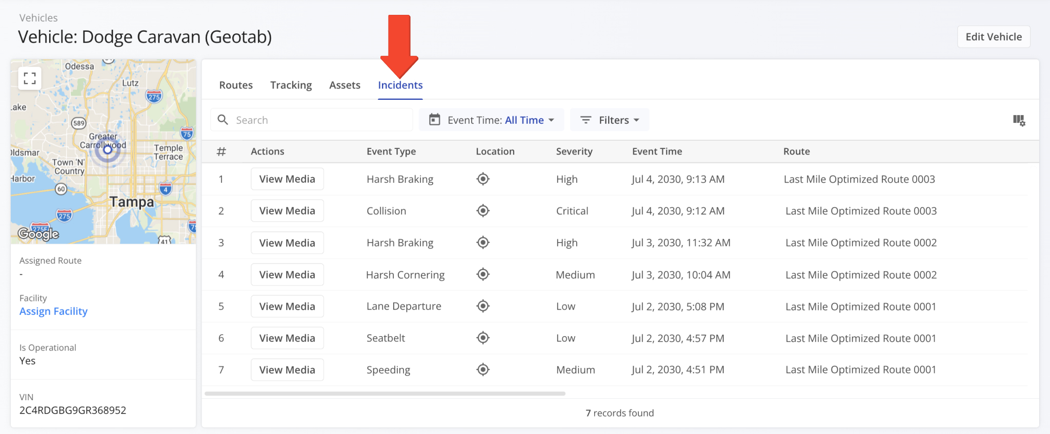 When you open a Vehicle Snapshot, the Incidents tab shows all Safety Incidents recorded for that vehicle.