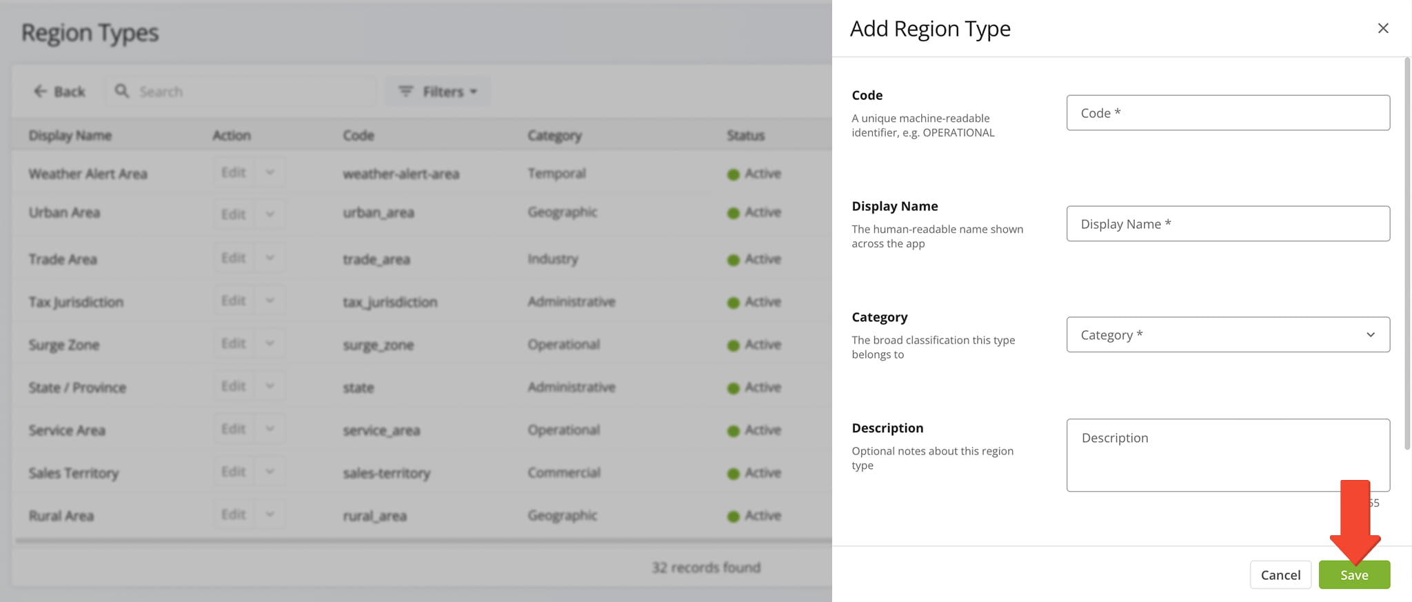 Complete the required fields and save to add your new Region Type to the database.