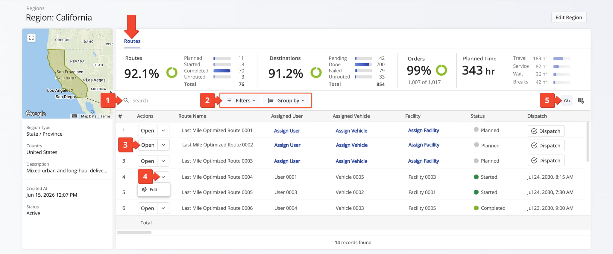The Routes Tab provides a detailed analytics table of all routes associated with the Region, with options to search, filter, and access real-time performance metrics.