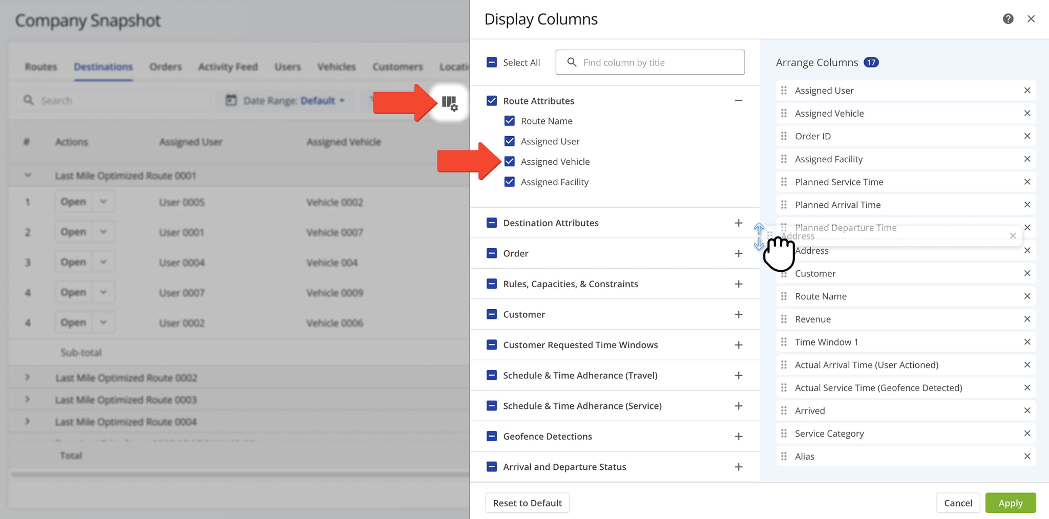 You can customize which data columns appear in the table and in what order.
