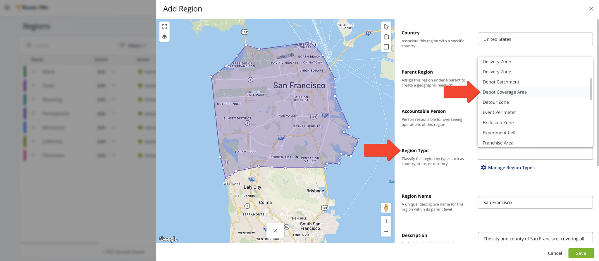 Custom Region Types are immediately available for selection when adding a new Region.
