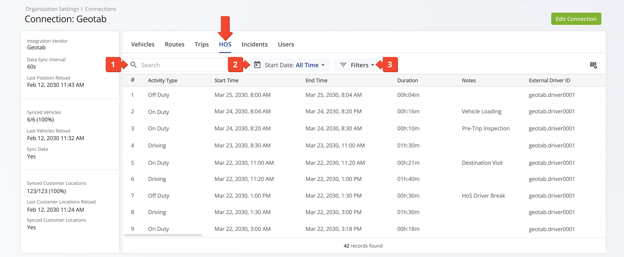 From the Hours of Service tab you review all driver and user activity associated with a particular route.