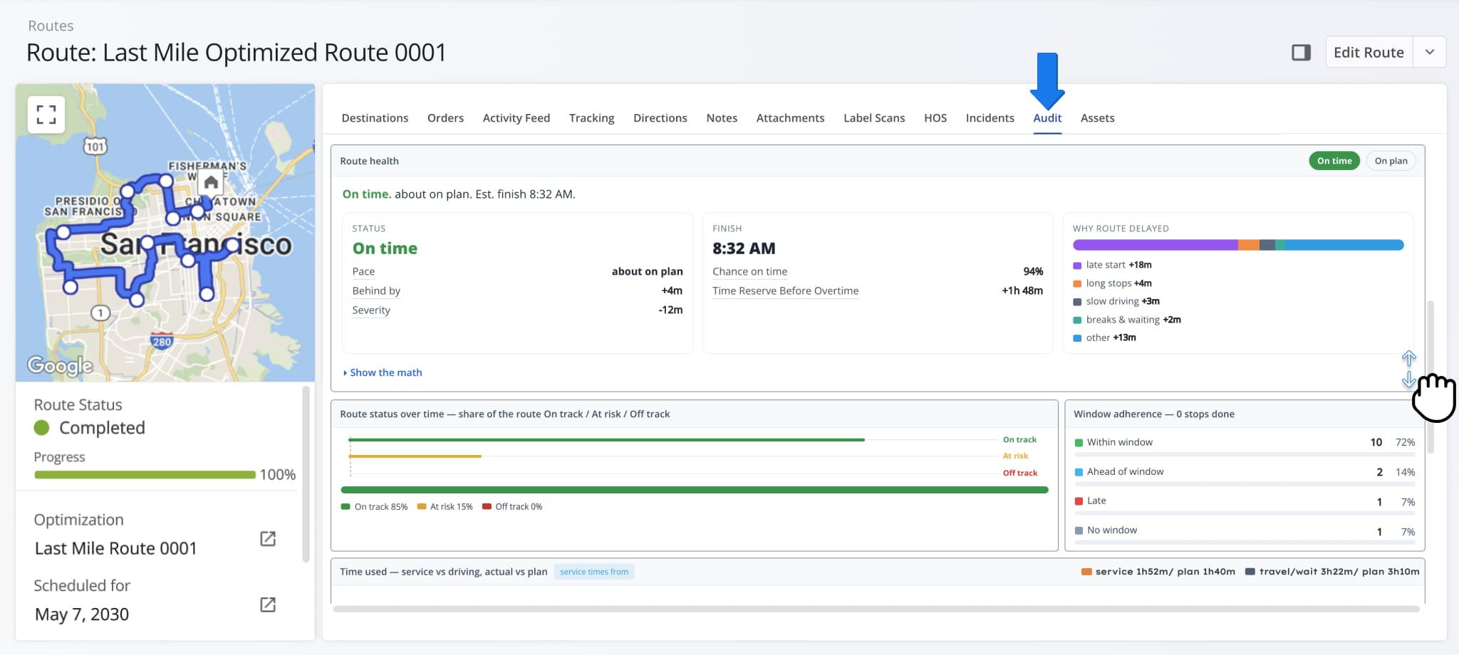 Review metrics related to route status over time, route health, window adherence, and more.