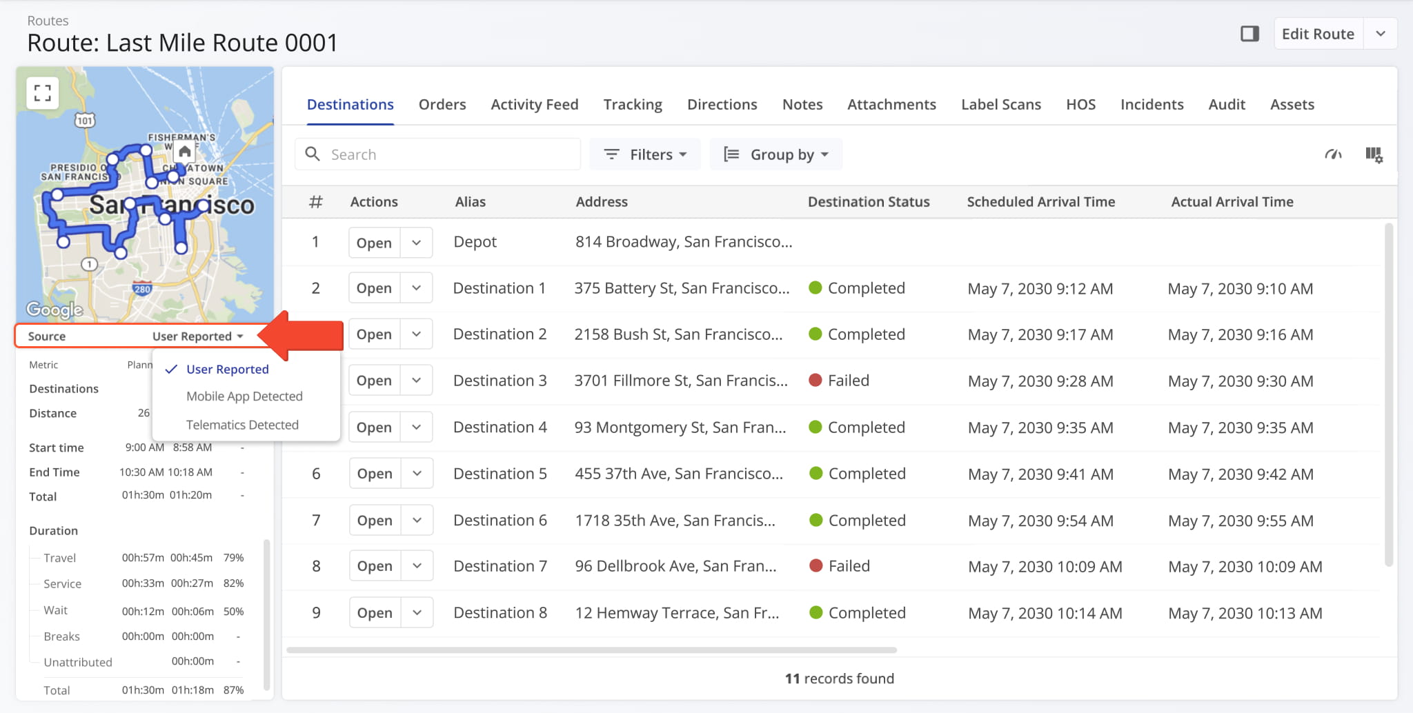 Scroll down in the Route Summary panel to see route duration and distance metrics.