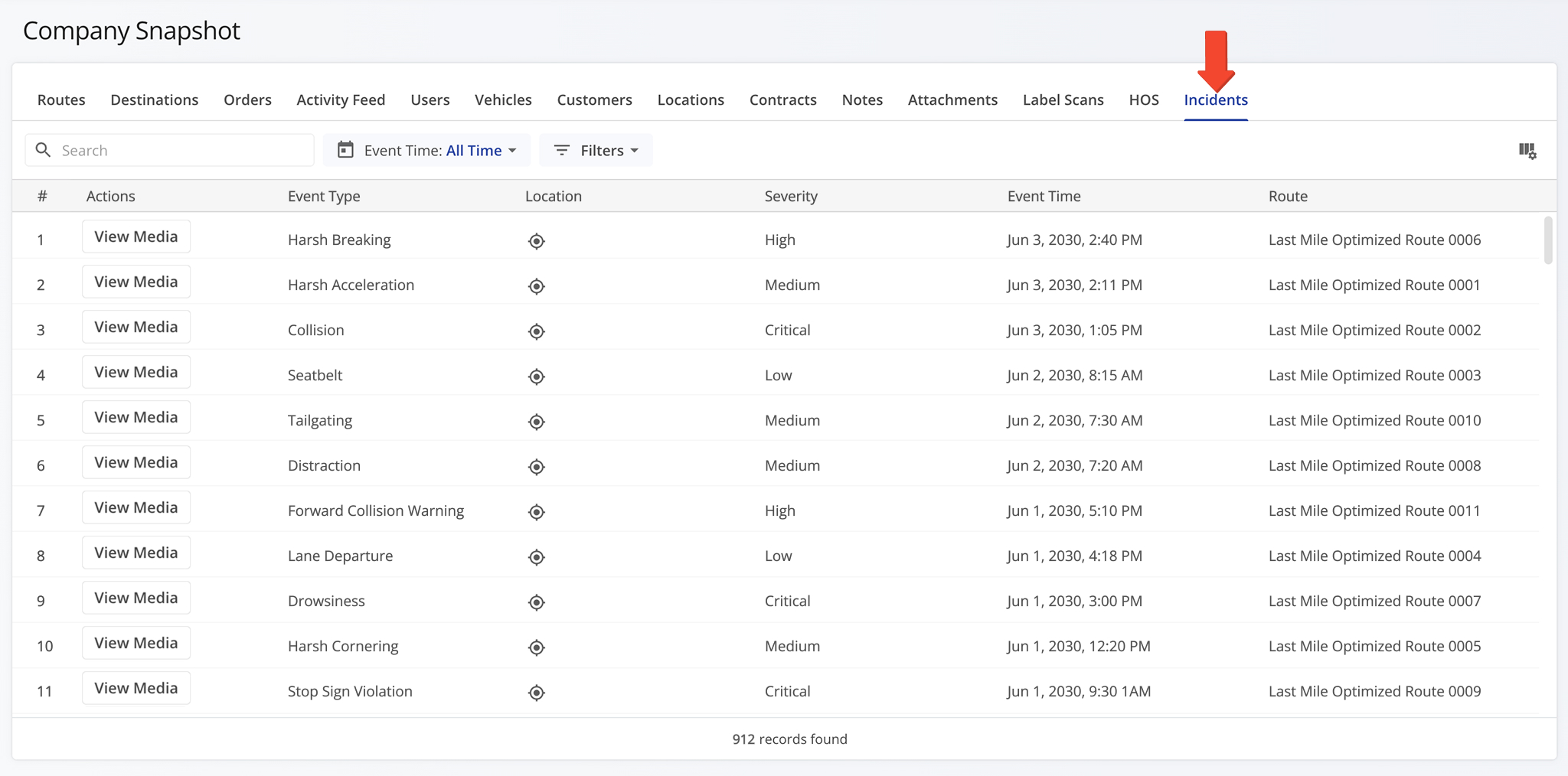 Access the Incidents tab from your company snapshot.