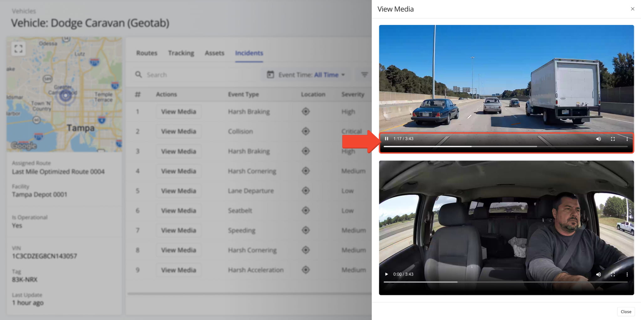The media player shows footage from each available camera angle, with standard playback controls.