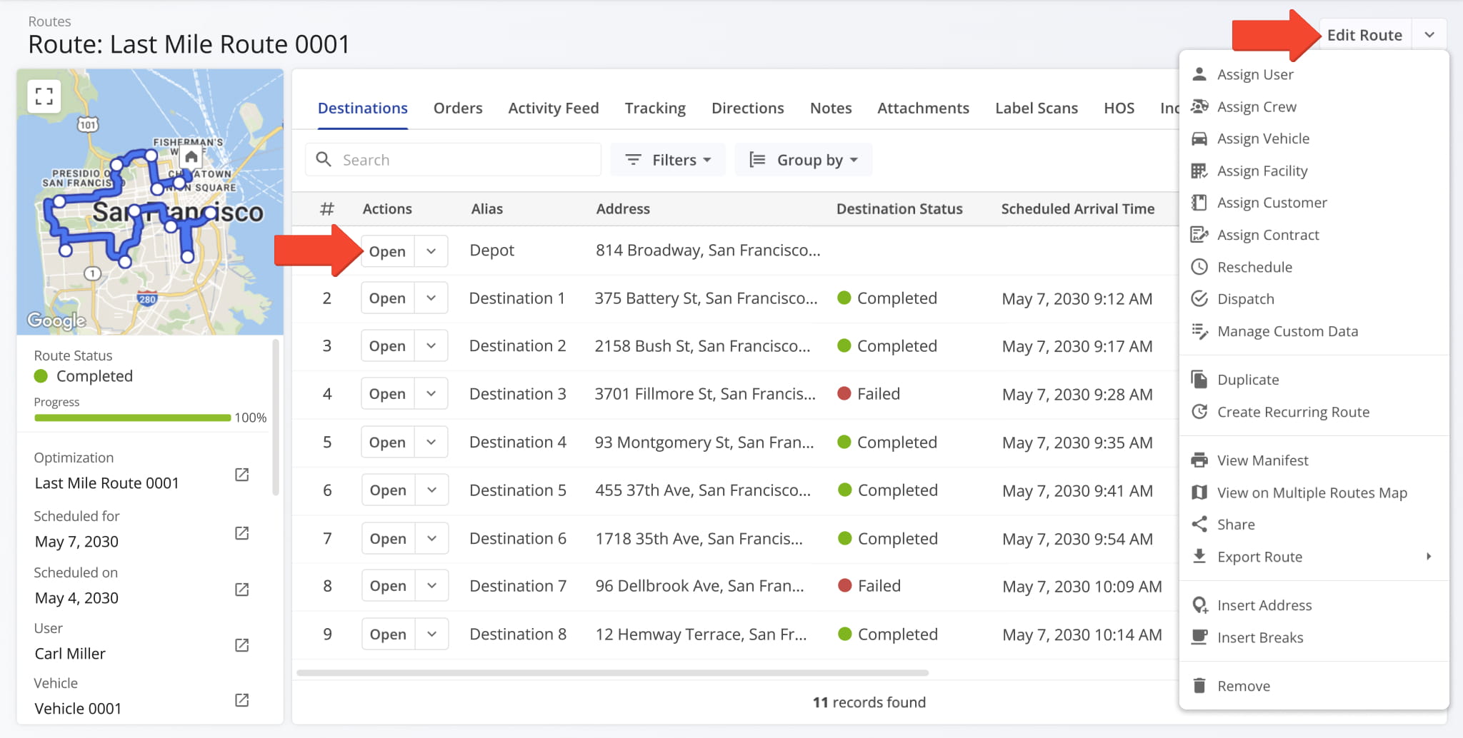 Route Snapshot showing detailed destination data and key routing metrics.