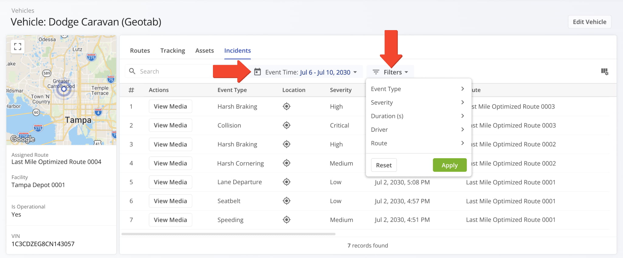 Narrow the Incident data shown in the table by date or filter.